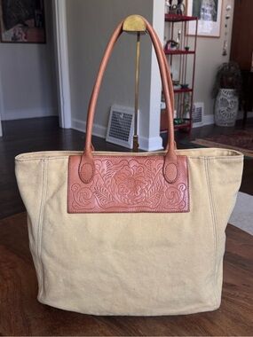 Fossil Canvas Tote Bag Embossed Leather Panel Muted Butter Yellow/Beige & Brown
